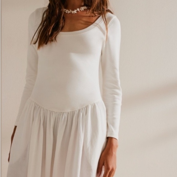 Free People Cream Sundress with 3/4 Sleeves and Square Neck - Picture 4 of 7
